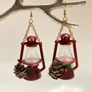 Handmade Statement Red Christmas Lantern Pinecone Pine Needles Fun Ugly Earrings